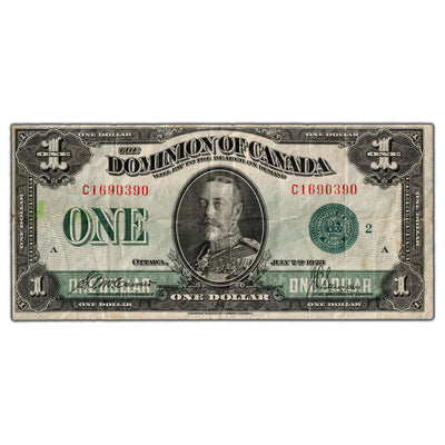 $1 1923 Dominion of Canada Note Green Seal Series C DC-25j - F/VF