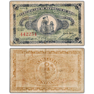 Peru 1917 50 Ten Centavos Note Gold Deposit Certificate P#30 - F/VF