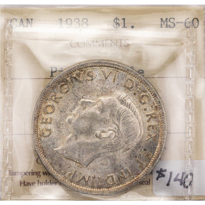 SOLD Canada 1938 $1 Silver Dollar Coin - ICCS MS-60 Ex Pittman Sale