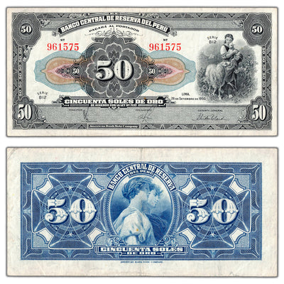 SOLD Peru 1950 50 Soles de Oro Note P #68Aa - VF+