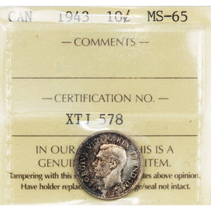 SOLD Canada 1943 10 Cents Dime Silver Coin - ICCS MS-65