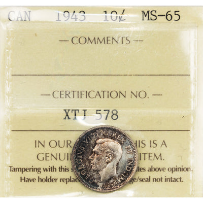 SOLD Canada 1943 10 Cents Dime Silver Coin - ICCS MS-65