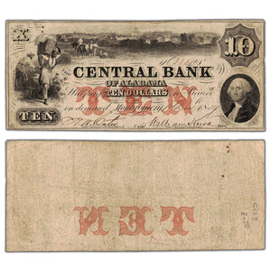 SOLD United States 1854 The Central Bank of Alabama $10 Obsolete Note - Pinholes