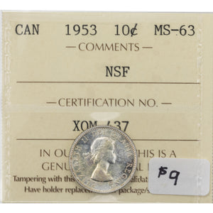 SOLD Canada 1953 NSF 10 Cents Dime Silver Coin - ICCS MS-63