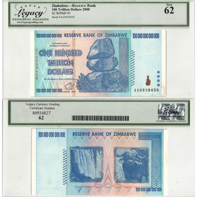 SOLD Zimbabwe 2008 100 Trillion Dollars Note P #91 - Legacy UNC-62