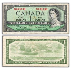 SOLD $1 1954 Bank of Canada Note W/P Prefix BC-37b-i - 2 Digit Radar Serial 8333338