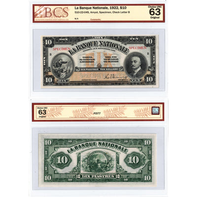 SOLD $10 1922 La Banque Nationale Canada Specimen Note #510-22-04S - BCS Ch UNC-63