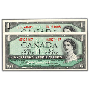 SOLD $1 1954 Bank of Canada Notes T/O Prefix BC-37b - 2 Consecutive - AU/UNC