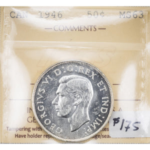SOLD Canada 1946 50 Cents Half Dollar Silver Coin - ICCS MS-63