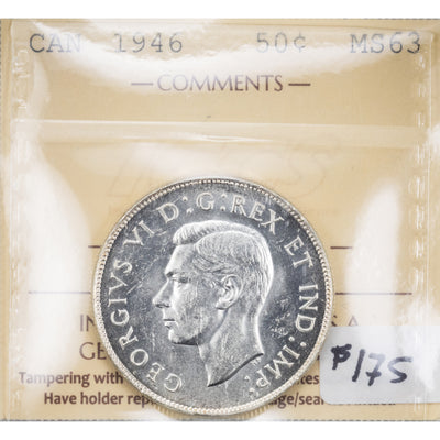 SOLD Canada 1946 50 Cents Half Dollar Silver Coin - ICCS MS-63