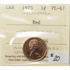 SOLD Canada 1975 1 Small Cent Coin - ICCS PL-67 Red