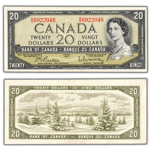 SOLD $20 1954 Bank of Canada Note Beattie-Rasminsky D/W Prefix BC-41b - EF