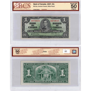 SOLD $1 1937 Bank of Canada Note Gordon-Towers C/M Prefix BC-21c - BCS AU-50