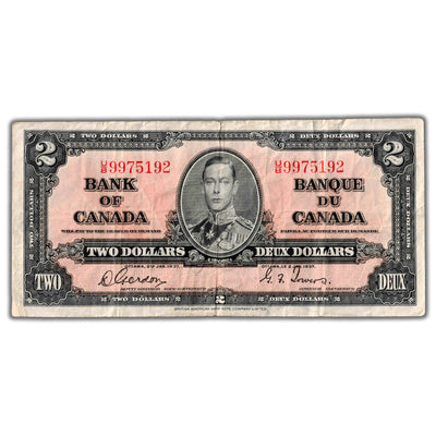 $2 1937 Bank of Canada Note Gordon-Towers U/B Prefix BC-22b - F/VF
