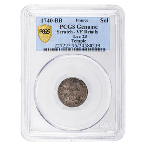 France 1740-BB Sol Silver Coin Lec-23 - PCGS Genuine VF Details - Ex. Temple