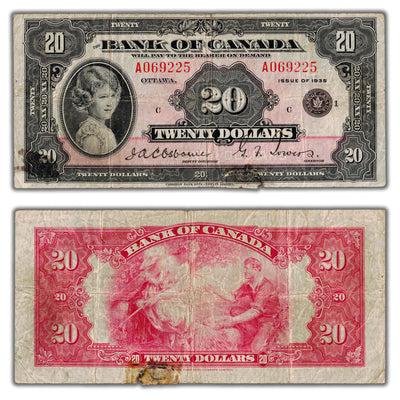 SOLD $20 1935 Bank of Canada Note English Text Small Seal BC-9b - Tear/Stain