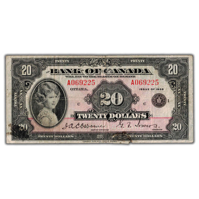 SOLD $20 1935 Bank of Canada Note English Text Small Seal BC-9b - Tear/Stain