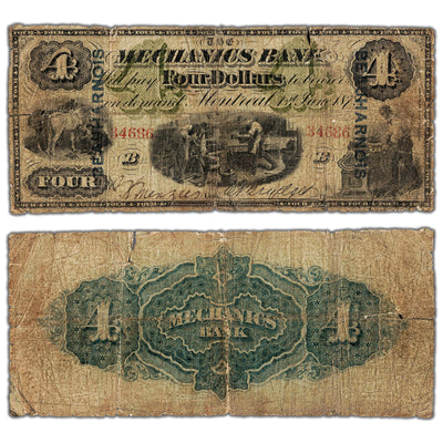 SOLD $4 1872 The Mechanics Bank Canada Chartered Note BEAUHARNOIS Ovpt #430-10-04c - Tears