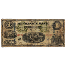 $4 1872 The Mechanics Bank Canada Chartered Note BEAUHARNOIS Ovpt #430-10-04c - Tears
