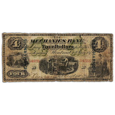 SOLD $4 1872 The Mechanics Bank Canada Chartered Note BEAUHARNOIS Ovpt #430-10-04c - Tears