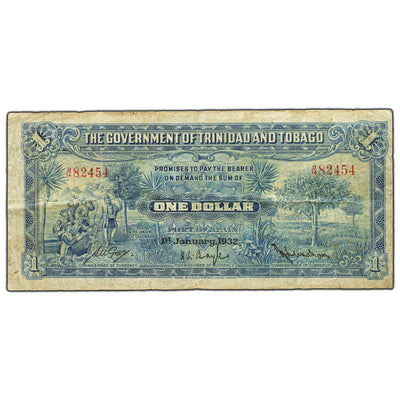SOLD Trinidad and Tobago 1932 $1 One Dollar Note P #3 - Pinholes