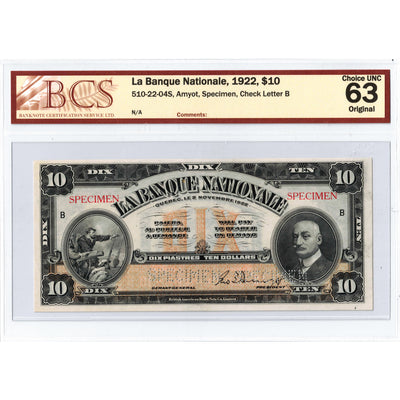 SOLD $10 1922 La Banque Nationale Canada Specimen Note #510-22-04S - BCS Ch UNC-63