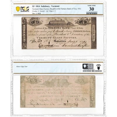United States 1814 $3 Salisbury, VT Vermont Glass Factory Note - PCGS VF-30