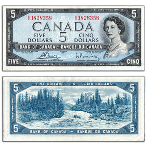 SOLD $5 1954 Bank of Canada Note Bouey-Rasminsky S/X Prefix BC-39c - VF+
