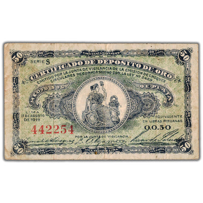 Peru 1917 50 Ten Centavos Note Gold Deposit Certificate P#30 - F/VF