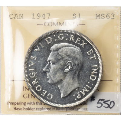 SOLD Canada 1947 Blunt 7 $1 Silver Dollar Coin - ICCS MS-63