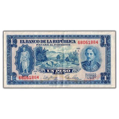 Colombia 1953 1 One Peso Note P #398 - VF