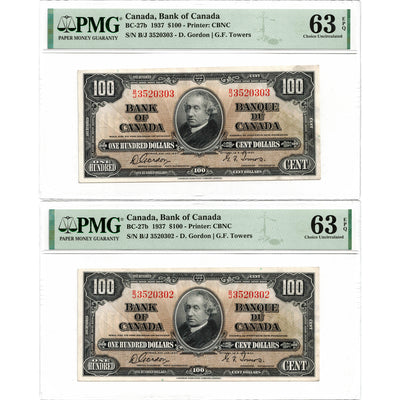 $100 1937 Bank of Canada Notes BC-27b - 2 Consecutive PMG UNC-63 EPQ