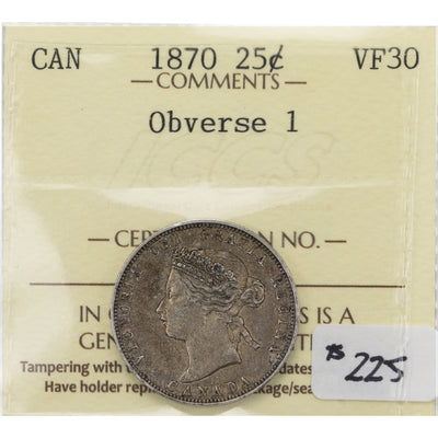 SOLD Canada 1870 Obv 1 25 Cents Quarter Silver Coin - ICCS VF-30