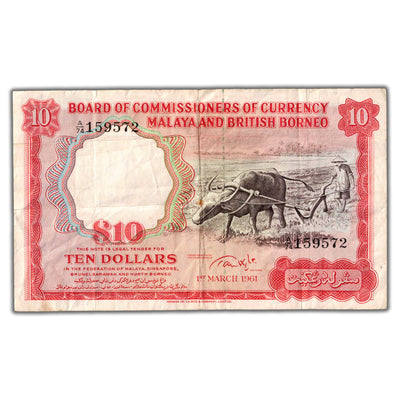 SOLD Malaya & British Borneo 1961 $10 Ten Dollars Note P #9b