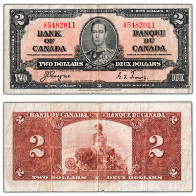 $2 1937 Bank of Canada Note Coyne-Towers D/R Prefix BC-22c - Small Tear