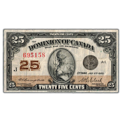 25 Cents 1923 Dominion of Canada Shinplaster Note DC-24d - F/VF (small pinhole)