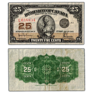 SOLD 25 Cents 1923 Dominion of Canada Note Shinplaster Hyndman DC-24a - VF