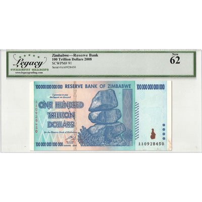 SOLD Zimbabwe 2008 100 Trillion Dollars Note P #91 - Legacy UNC-62
