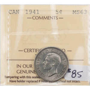 SOLD Canada 1941 5 Cents Nickel Coin - ICCS MS-63