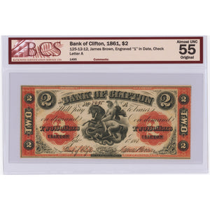 SOLD $2 1861 Bank of Clifton Canada Note #125-12-12 - BCS AU-55