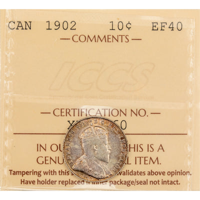 Canada 1902 10 Cents Dime Silver Coin - ICCS EF-40