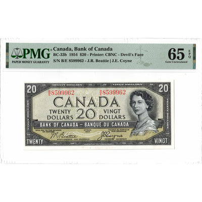 SOLD $20 1954 Bank of Canada Note Devil Face B/E Changeover Prefix BC-33b - PMG Gem UNC-65 EPQ