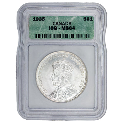 SOLD Canada 1935 $1 Silver Dollar Coin - First Year of Issue - ICG MS-64