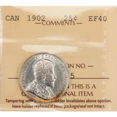 Canada 1902 25 Cents Quarter Silver Coin - ICCS EF-40