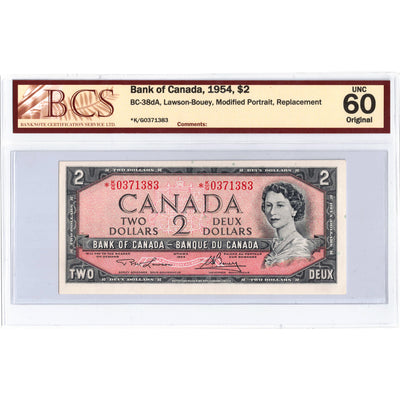 SOLD $2 1954 Bank of Canada Note *K/G Replacement Prefix BC-38dA - BCS UNC-60