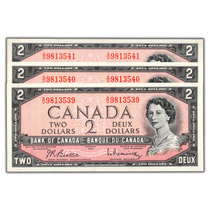 SOLD $2 1954 Bank of Canada Notes S/U Prefix BC-38b - 3 Consecutive