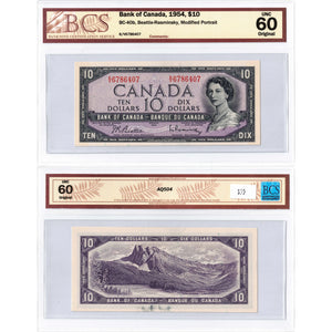 SOLD $10 1954 Bank of Canada Note Beattie-Rasminsky K/V Prefix BC-40b - BCS UNC-60