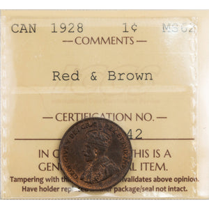 SOLD Canada 1928 1 Small Cent Coin - ICCS MS-62 Red & Brown