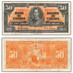 SOLD $50 1937 Bank of Canada Note Gordon-Towers B/H Prefix BC-26b - F/VF