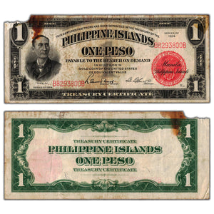 Philippines 1924 1 One Peso Note P #68b - Damaged